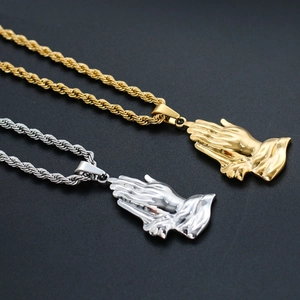 Hip hop style gold and silver stainless steel praying hands pendant necklaces with twist chains
