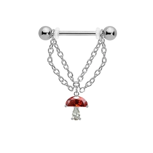 Detail of stainless steel nipple ring with chain and red zircon mushroom pendant