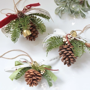 Christmas pine cone ornaments with green branches and colorful ribbons on white backdrop