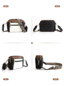 Multi-angle view of tricolor crossbody camera bag with bohemian woven wide strap