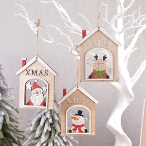 Christmas Wooden House Hanging Ornaments Painted Hollow Wood Xmas Sign Santa Snowman Reindeer Patterns Holiday Tree Decor Rustic Pendant