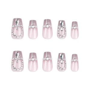 Luxury handmade cat-eye press-on nails with pink glitter, rhinestones and pearls