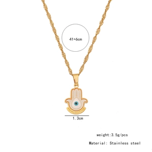 Detailed specs of the gold Hamsa pendant with white enamel and blue evil eye detail
