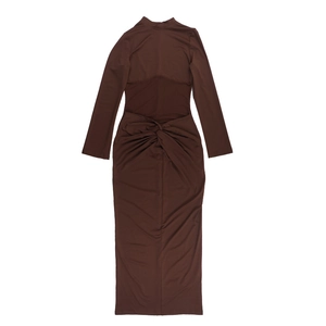 Detail of the back cutout and knot design on this dark brown long sleeve bodycon dress