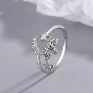 S925 sterling silver open ring with sparkling star and moon zirconia pendants