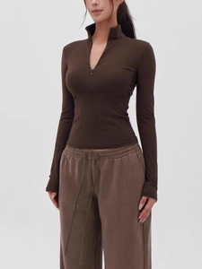 Slim fit coffee brown yoga top with quarter zipper and stand collar for fitness sports