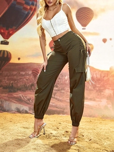 Women's high waist cargo pants in olive green with side pockets for summer outdoor adventure