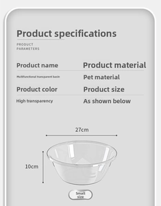 Size chart showing a 27cm diameter transparent PET washbasin with height dimensions