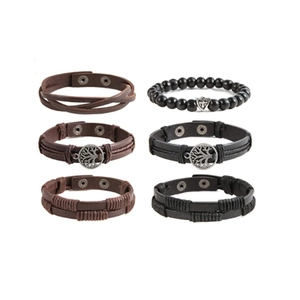 Six-piece handmade vintage leather bracelet set with tree of life charms and black beads