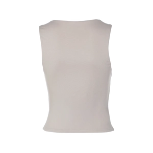 Rear view of sleek taupe sleeveless top with high-quality square neck tailoring