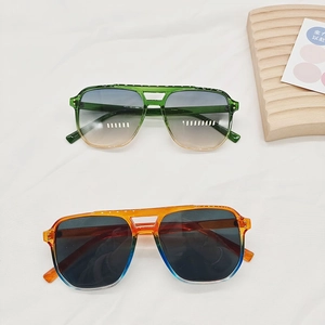 Square gradient oversized sunglasses with double bridge frames in green and orange tones