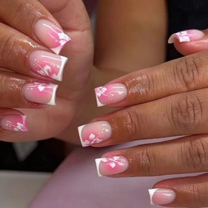 Unghie Finte Press On Francesi Corte Quadrate Rosa Ombre Motivo Floreale Hibiscus Bianco