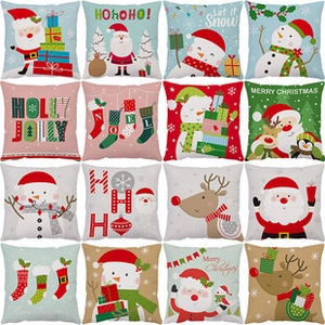 Collage of Christmas throw pillow covers with festive Santa and reindeer printed patterns