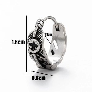 Vintage stainless steel hoop earring with feather texture and cross design for men