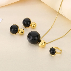 Detailed set of 18K gold plated snake chain necklace earrings and ring with black beads