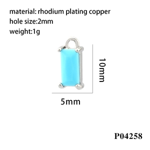 Rectangle turquoise zircon charm in rhodium plating copper with dimensions and hole size