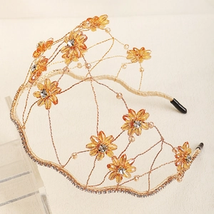 Vintage bridal headband with amber crystal flowers and rhinestones on gold wire frame