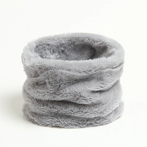 Close-up of a grey faux rabbit fur neck warmer showing soft plush texture and detail