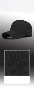 Detail of breathable laser-cut holes and SPORT embroidery on black quick-dry mesh cap