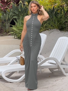 Vestido Maxi Halter Elegante Fruncido Sin Mangas Con Botones Corte Ajustado Poliéster Spandex Para Mujer