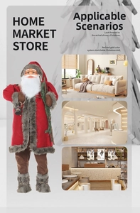 Detail showing stretchable Santa Claus figure in red robes with faux fur and wood accents