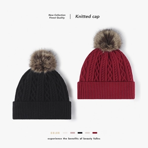 Women Winter Beanie Hat Knitted Cable Knit With Faux Fur Pom Pom Fleece Lined Warm Thick Outdoor Solid Color Ladies