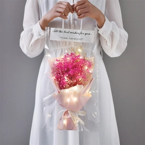 Pink gypsophila bouquet in clear gift bag with LED lights held by model for Mother's Day