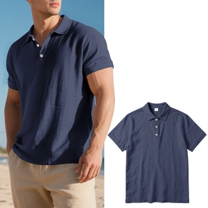Detailed views of navy blue men's linen polo shirt with breathable waffle texture
