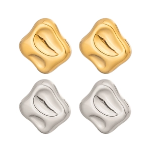 Polished gold and silver stainless steel square earrings with liquid metal texture finish
