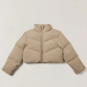 Short beige puffer jacket with stand collar and wide V-quilted waterproof design