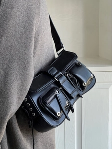 Women Cargo Underarm Bag PU Leather Multi Pocket Shoulder Bag Y2K Streetwear Crossbody Bag For Everyday Fashion Handbag