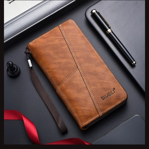 Retro brown long zipper wallet with wrist strap and smooth leather texture for men