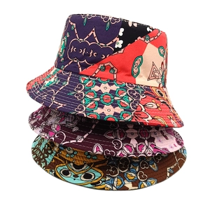 Reversible geometric print bucket hat for women with bohemian floral patterns and sun protection