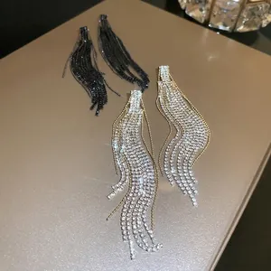 Long Tassel Dangle Earrings Rhinestone Inlaid Geometric Design With Silver Earring Post Elegant Evening Jewelry For Women