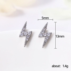 Minimalist lightning bolt stud earrings with cubic zirconia stones, 13mm height