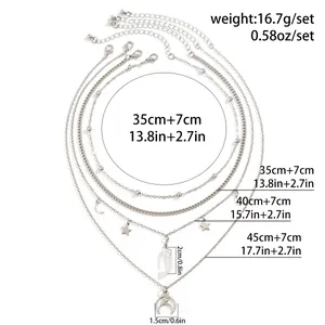 Detailed layered chain necklace measurements with metal sequins and pearl pendants