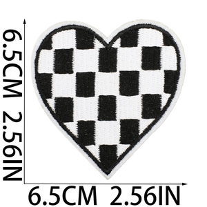 Checkered heart embroidered patch in black and white with 6.5cm size dimensions