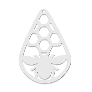 Detailed view of silver stainless steel teardrop pendant with honeycomb and bee motifs