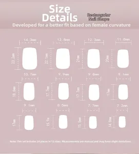 Detailed size guide for rectangular press-on nails with 12 precise width and length dimensions