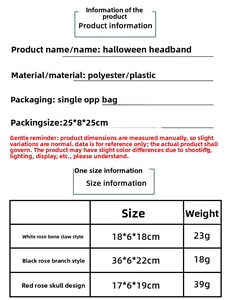 Detailed size chart for gothic Halloween headband featuring rose and skull dimensions