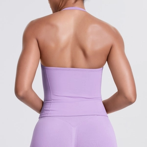 Detailed back view of a lavender halter sports bra featuring high-stretch yoga fabric
