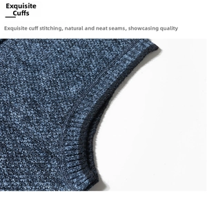 Detail of the high-quality stitching and blue knit texture on the men's vest cuff