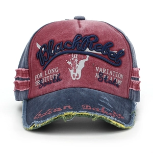 Vintage red and blue washed baseball cap with Black Rebel embroidery and frayed edges