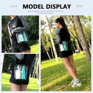 Transparent PVC crossbody phone bag with adjustable black strap shown on model outdoors