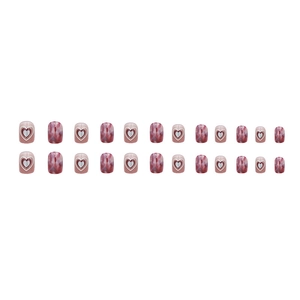 24er Set kurze rote Marmor Herz Kunstnägel zum Aufkleben im süßen glänzenden Stil