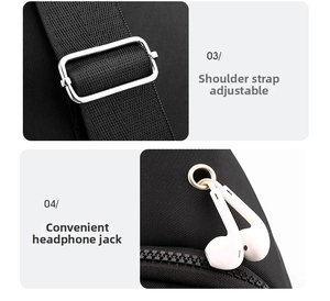 Detail of adjustable shoulder strap and earphone port on black nylon chest bag