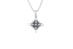 Macro shot of silver Celtic knot pendant necklace in premium stainless steel finish