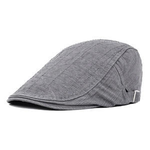 Grey cotton flat cap for men with white pinstripe pattern and adjustable side buckle