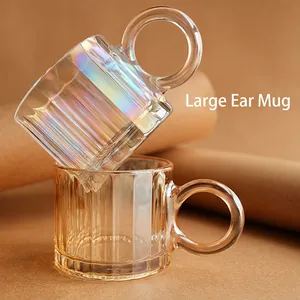 Iridescent Glass Mug With Large Round Handle Vertical Stripe Amber Coffee Cup Modern Luxury Ins Style Drinking Vessel