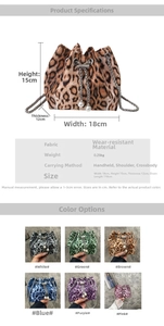 Size guide for women's leopard print bucket bag with chain strap and pearl drawstring